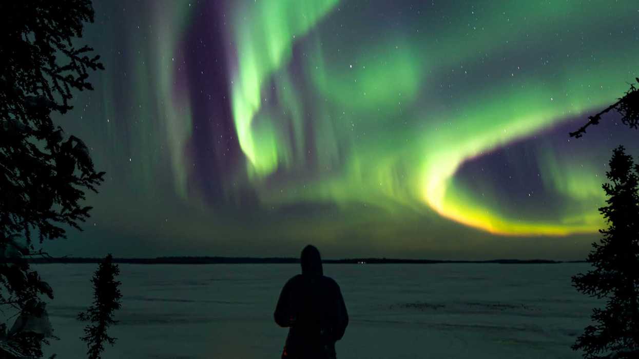 person standing on shores of a lake looking at northern lights in the sky in saskatchewan, canada