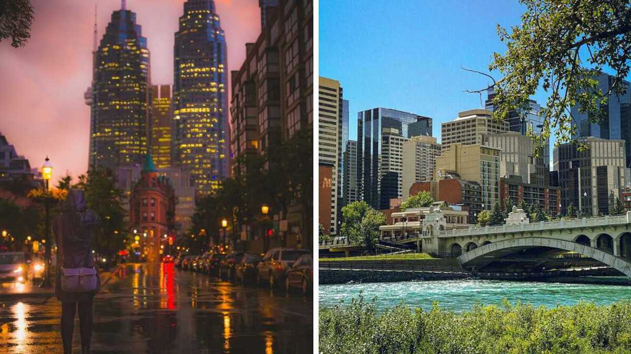 person standing on sidewalk in toronto after rainfall. right: bridge over river in calgary