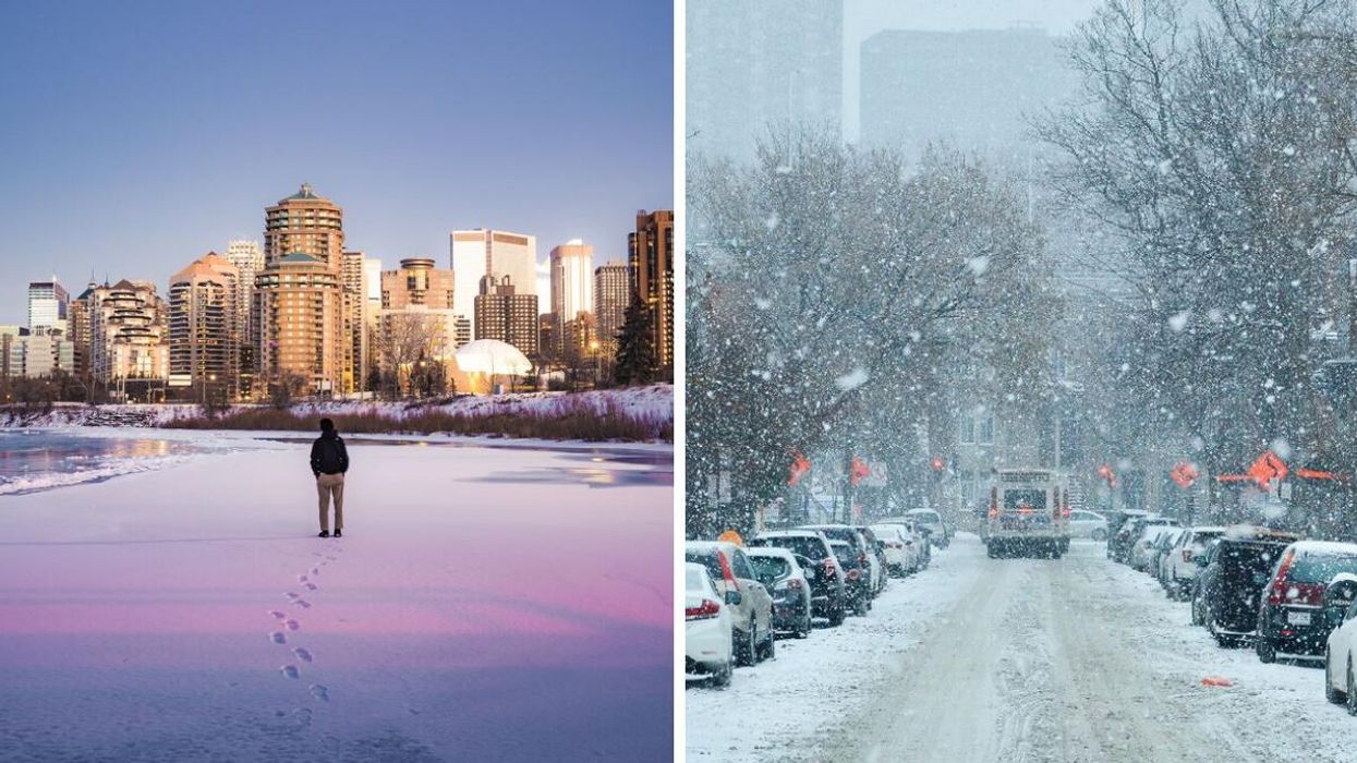 Person standing on the frozen Bow River that's covered in snow in Calgary. Right: Snow falling in Montreal.
