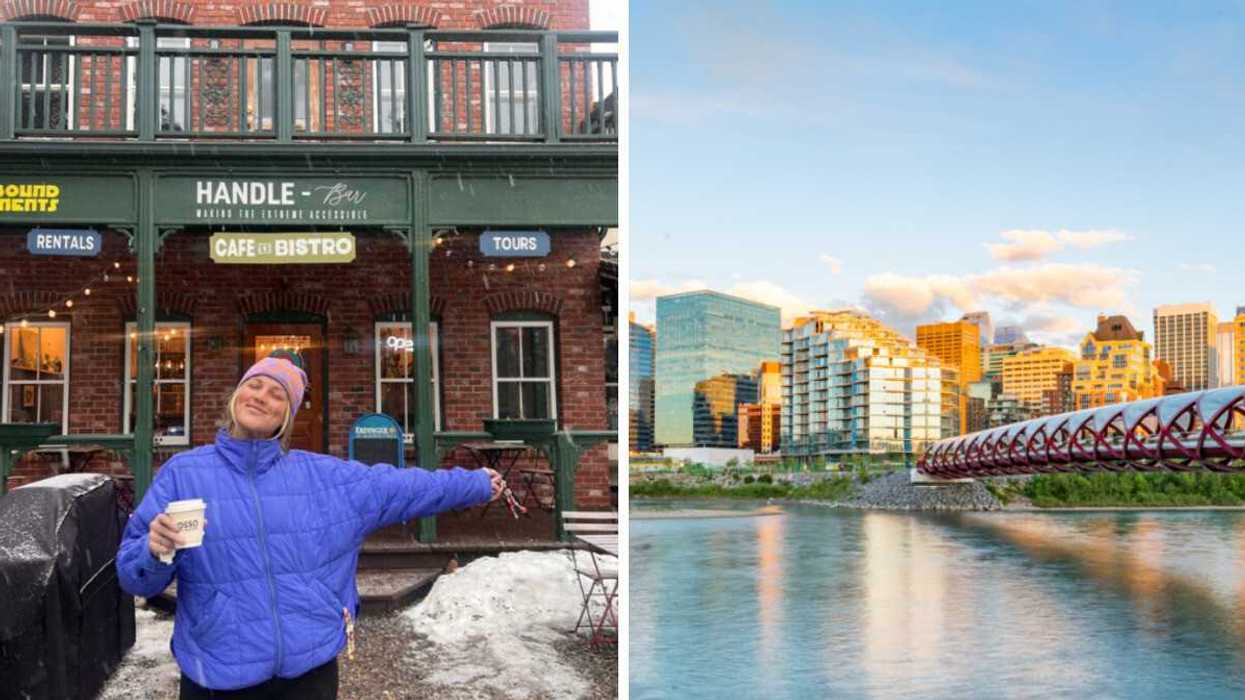 Person standing outside a store. Right: The city of Calgary.