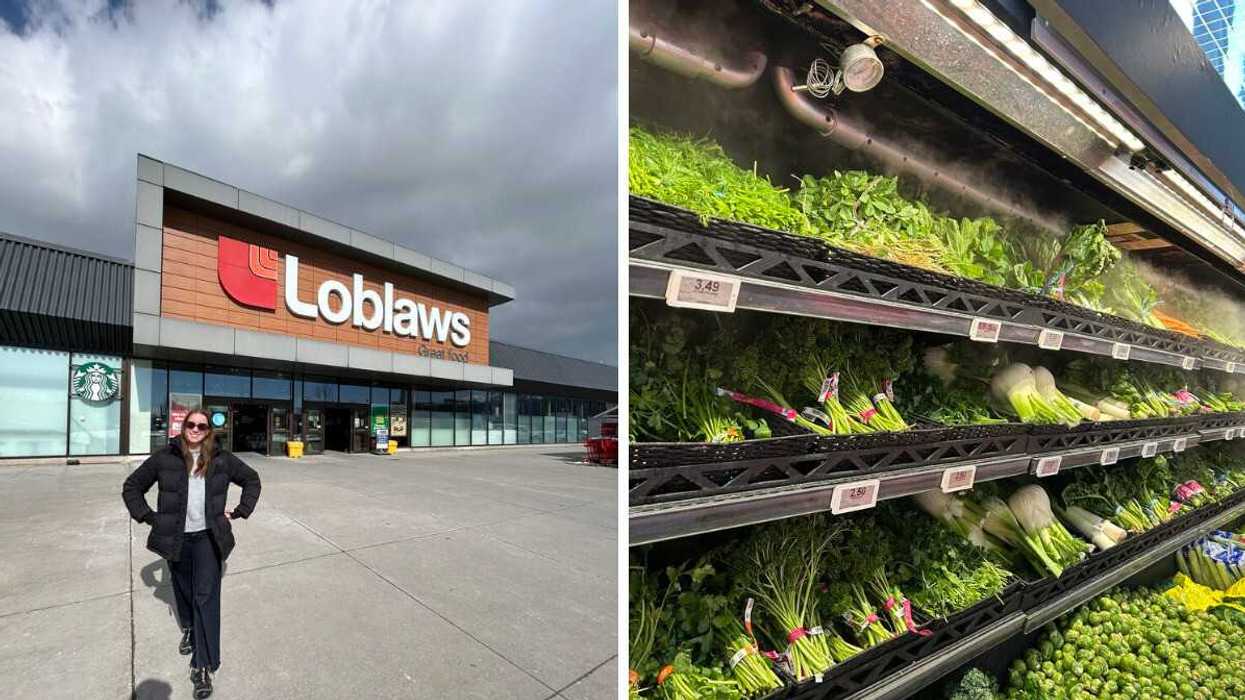 Person standing outside of a Loblaws Canada. Right: Vegetables at Loblaws.
