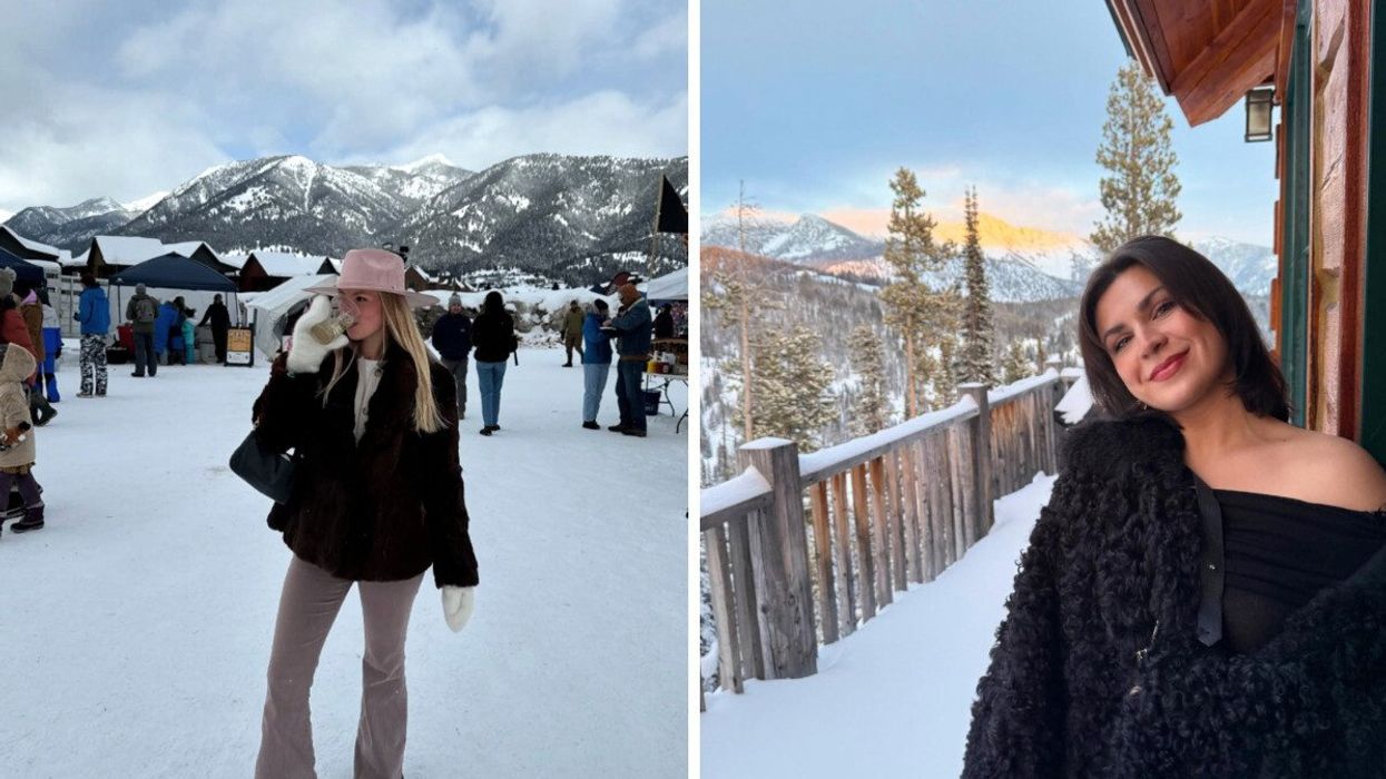 Person standing with mountains in the background. Right: Someone on a balcony in the winter.