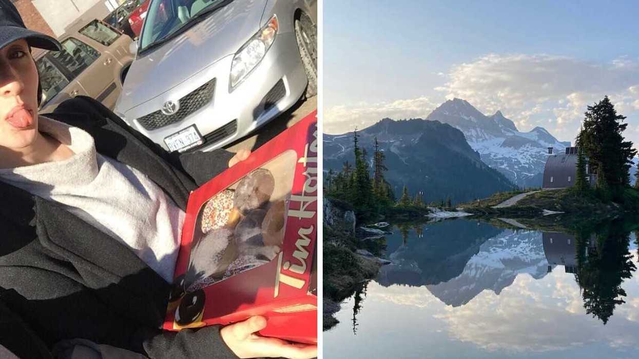 Person sticking tongue out holding donuts. Right: Mountains reflected in water.