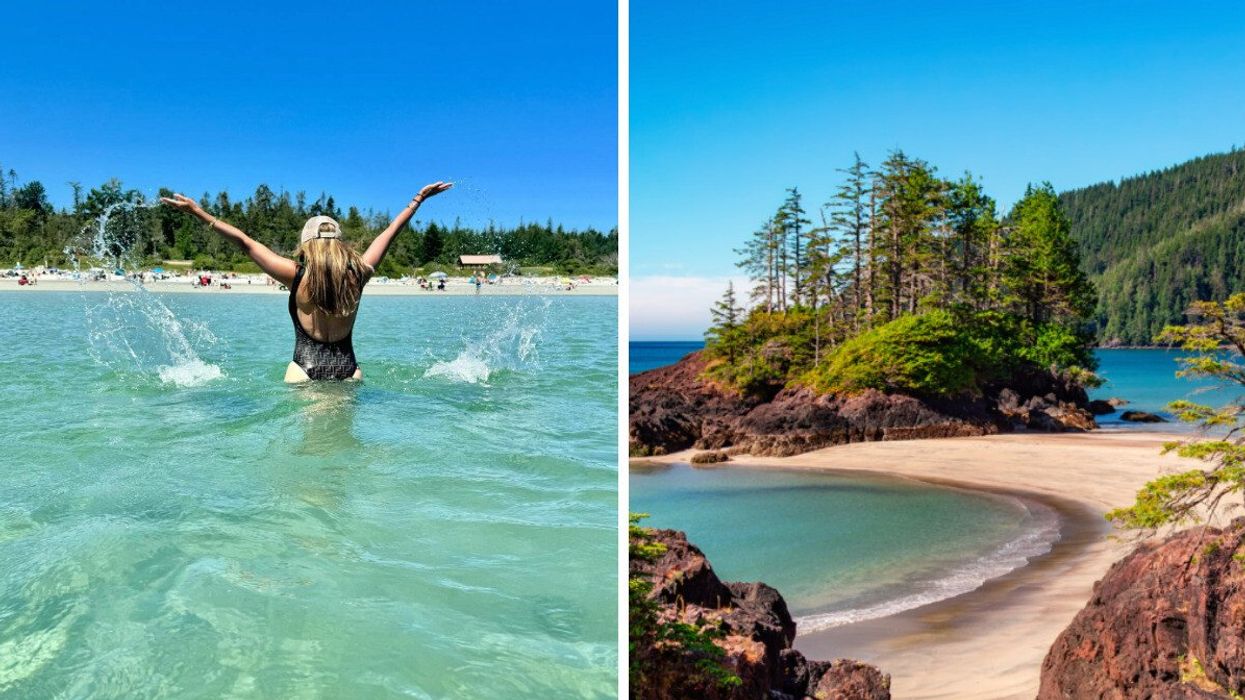 Person swimming in clear water. Right: A beach.