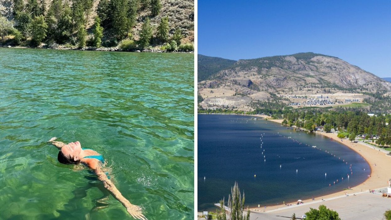 Person swimming. Right: A beach.