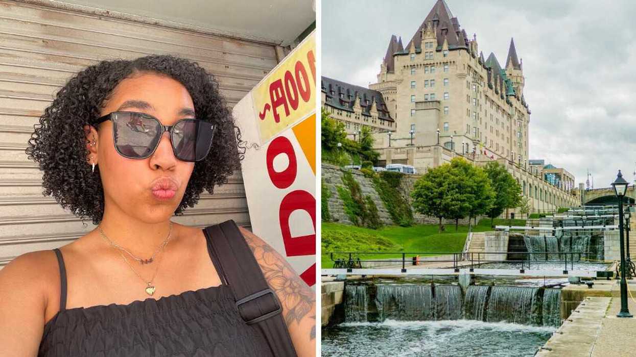 Person taking a selfie outdoors, Right: Château Laurier with the Rideau Canal locks in the foreground.