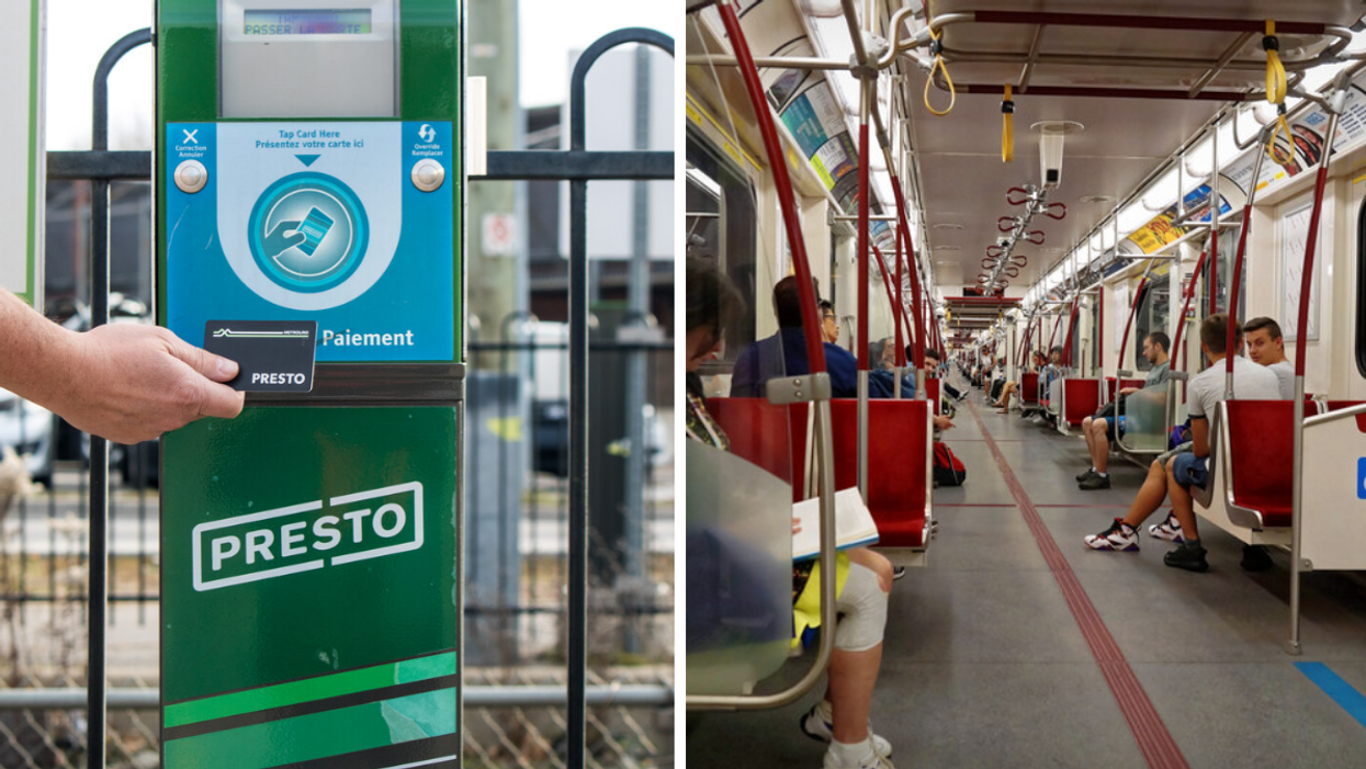 Person tapping a Presto card. Right: TTC subway.