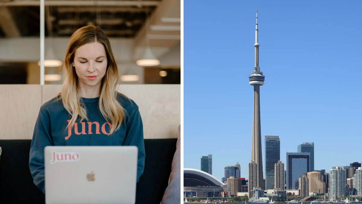 Person typing on laptop. Right: Toronto skyline.