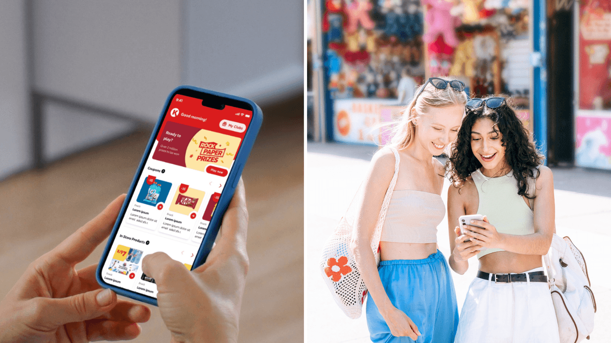 Person using the Circle K app with the Rock Paper Prizes game. Right: Two friends looking an app on a smartphone.