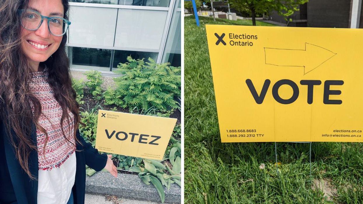 Person voting. Right: Elections Ontario sign.