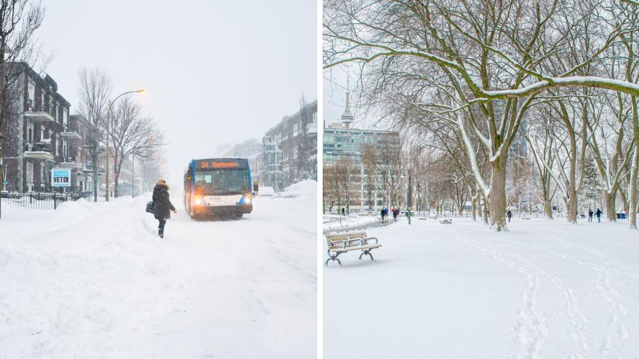 Person waiting for a bus in Montreal while it snows. Right: Snow-covered park in Toronto with the CN tower in the background.