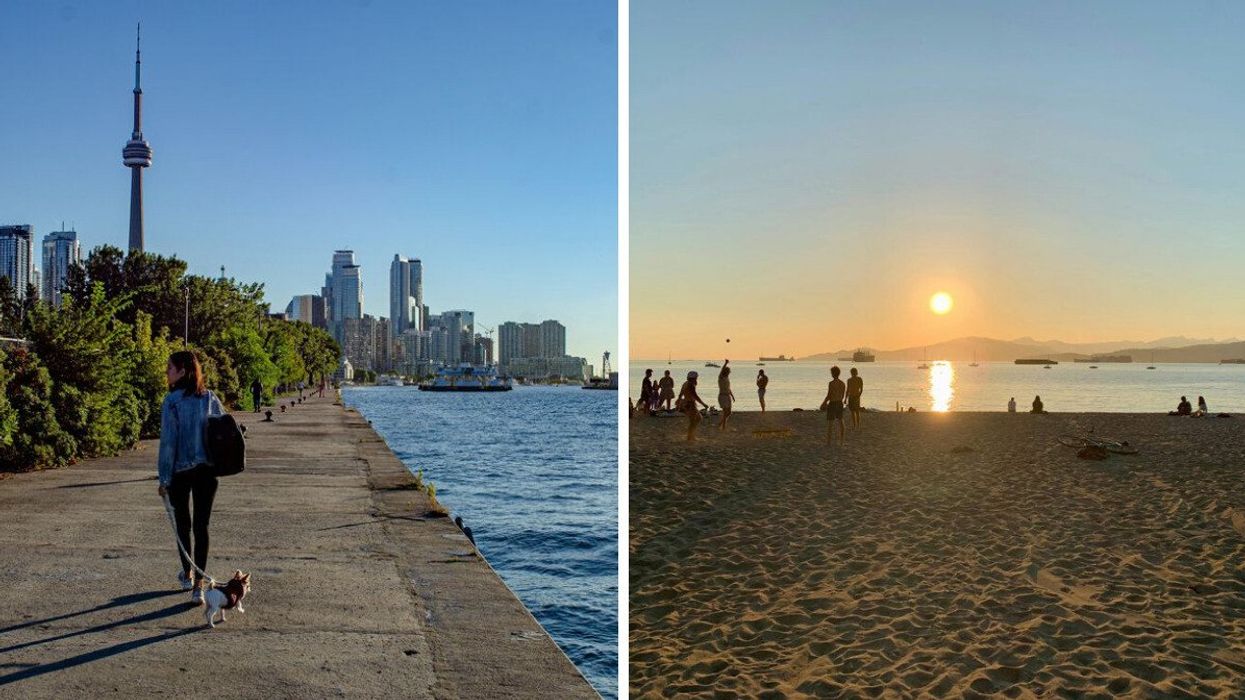 person walking a dog along lake ontario in torono with cn tower in the background. right: people on a beach in vancouver at sunset
