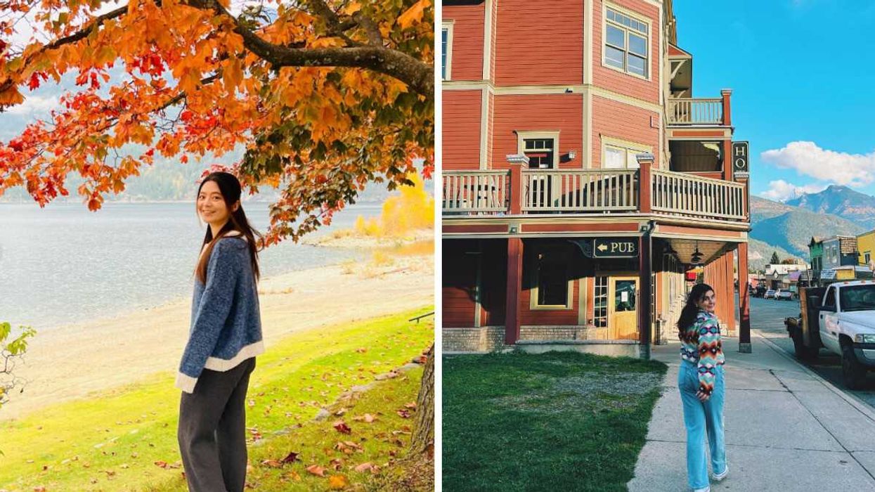 Person walking by a lake in the fall. Right: Someone in a small town.
