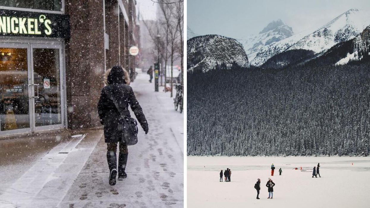 Person walking down a street in Toronto while it snows. Right: People on a snow-covered lake in front of snow-capped mountains in Alberta.