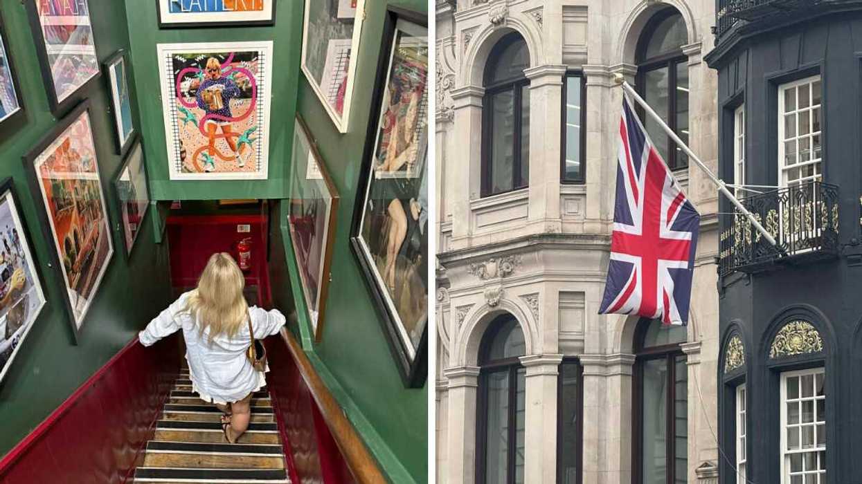 Person walking down stairs. Right: A UK Flag.