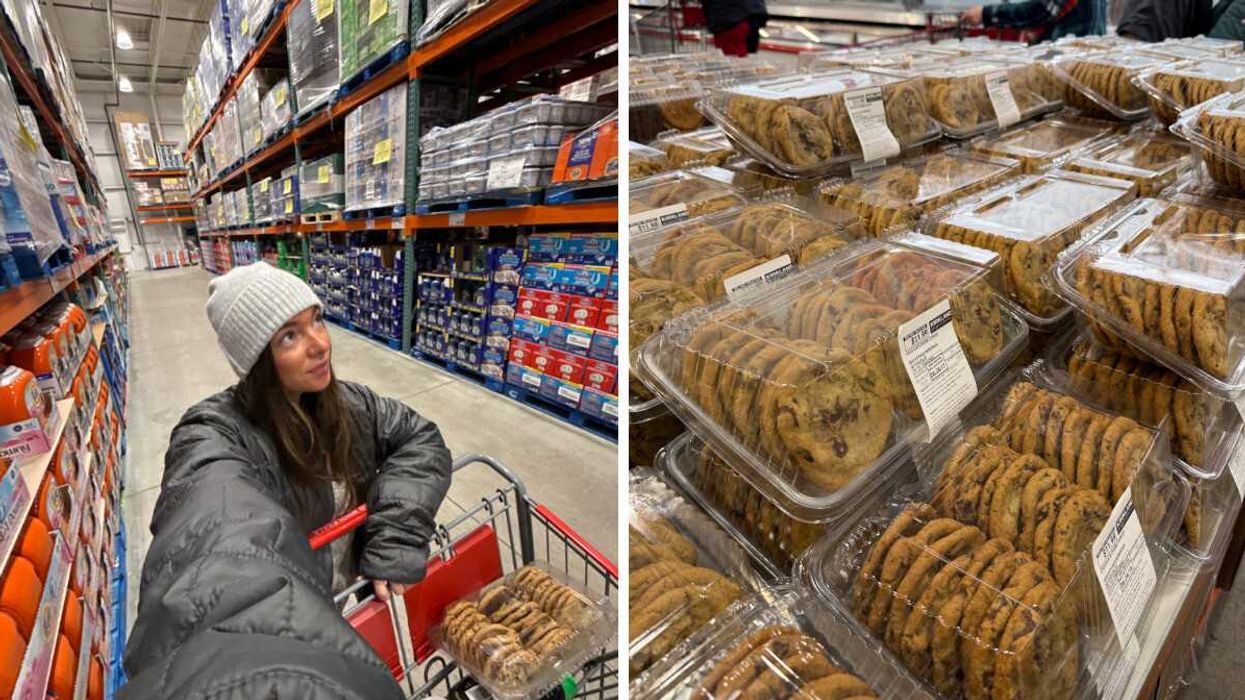 Person walking down the aisle at Costco Canada. Right: Costco cookies in store.