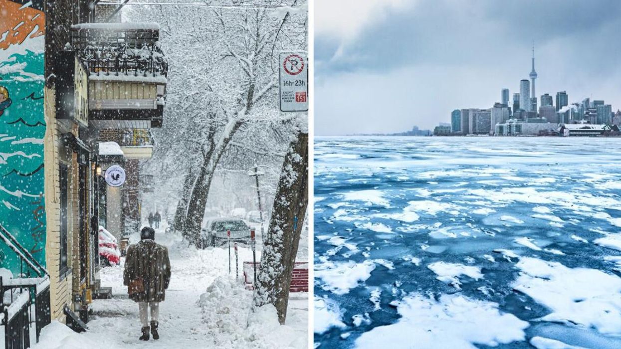 Person walking during a snowstorm in Montreal. Right: Lake Ontario frozen over with Toronto in the background.