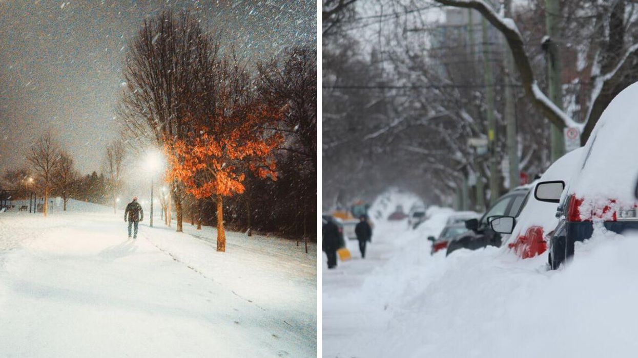 Person walking during a snowstorm in Toronto. Right: People digging out cars after a snowstorm in Montreal.