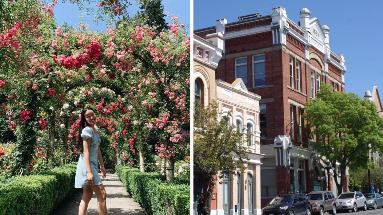 Person walking in a garden. Right: A charming city street.