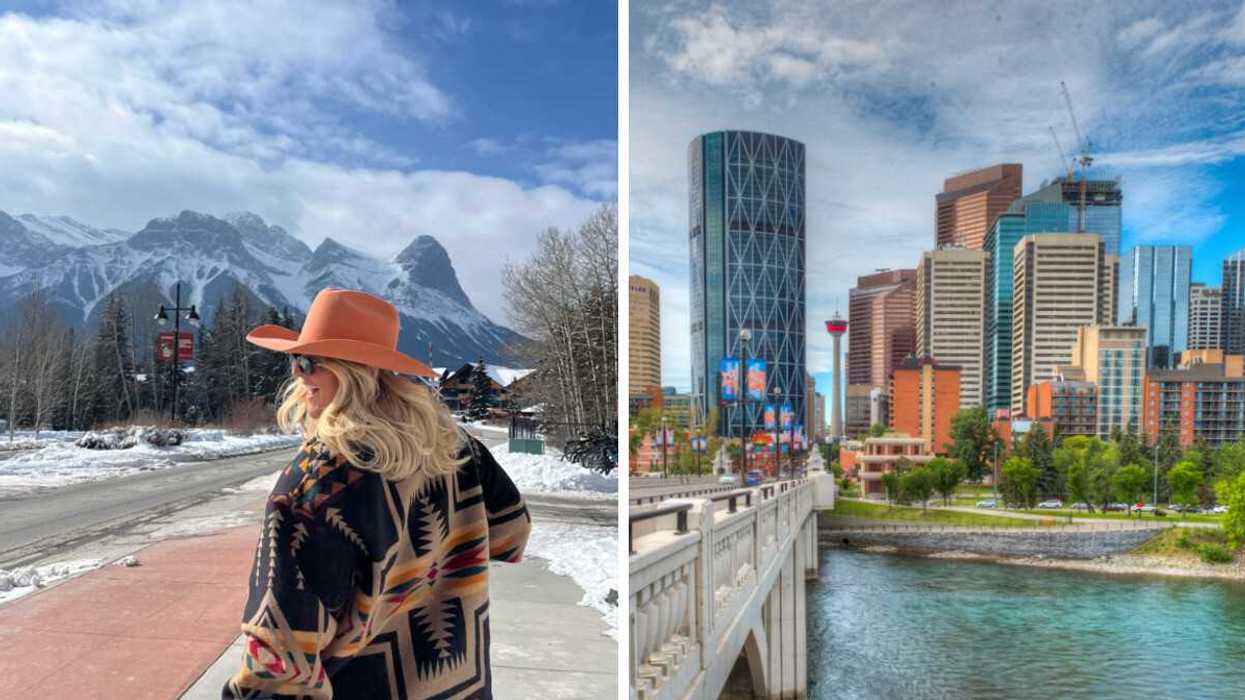 Person walking in a mountain town. Right: City of Calgary.