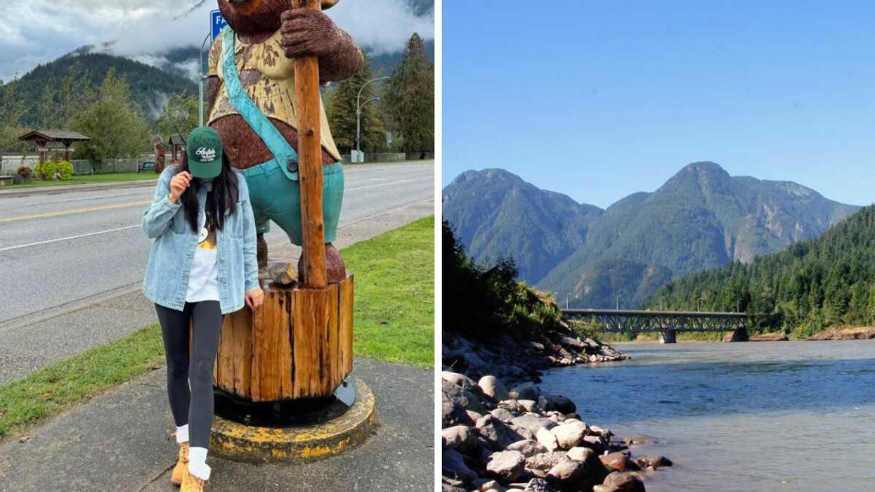 Person walking in a town. Right: A river and mountains.