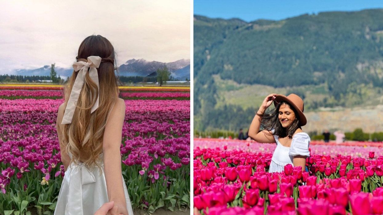 Person walking in a tulip field. Right: Person in a tulip field.