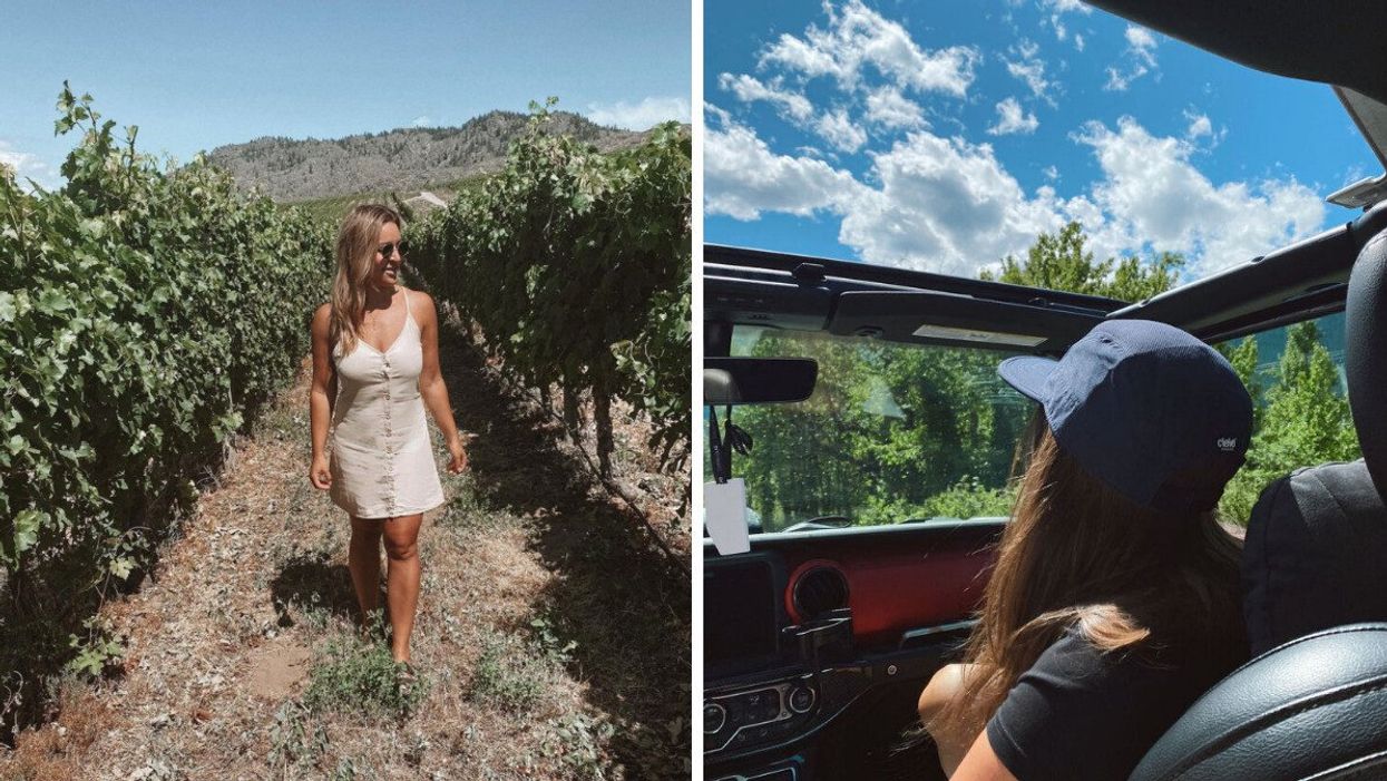 Person walking in a vineyard in B.C. Right: Person driving in B.C.