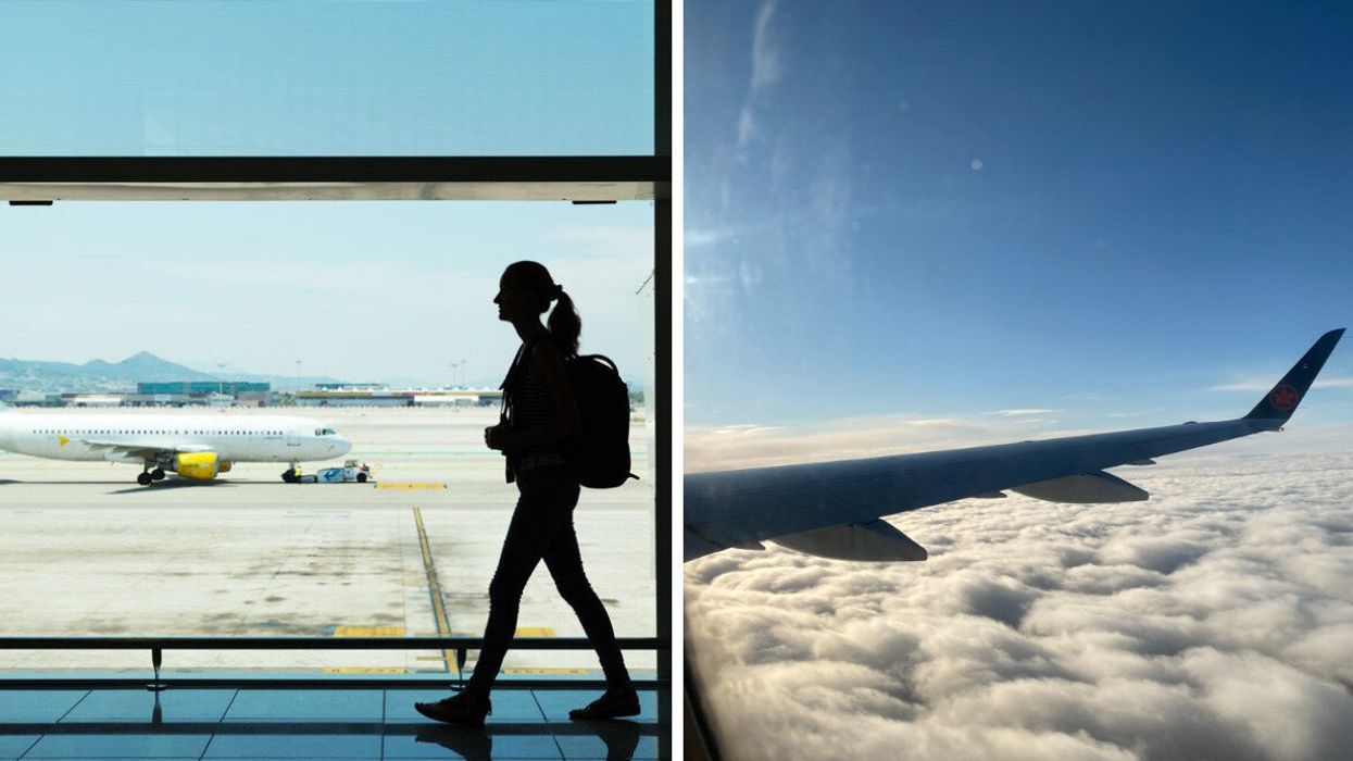 Person walking in an airport. Right: Plane window.