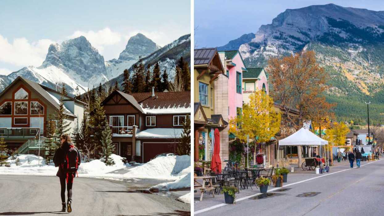 Person walking in an Alberta small town. Right: A small town in Alberta.
