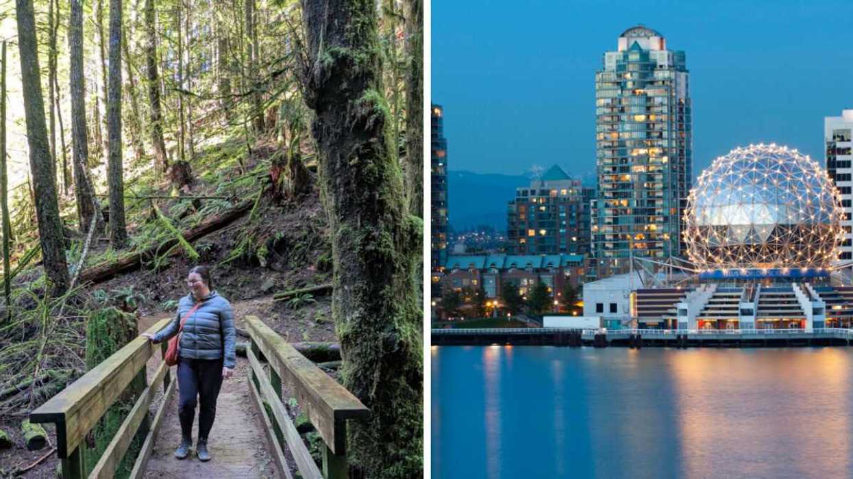 Person walking in Vancouver. Right: Vancouver city.