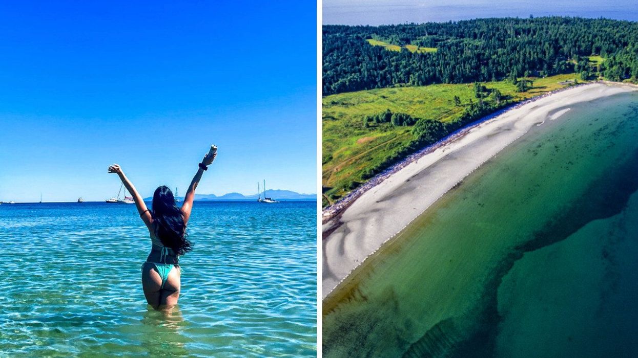 Person walking in water. Right: An aerial image of a beach.