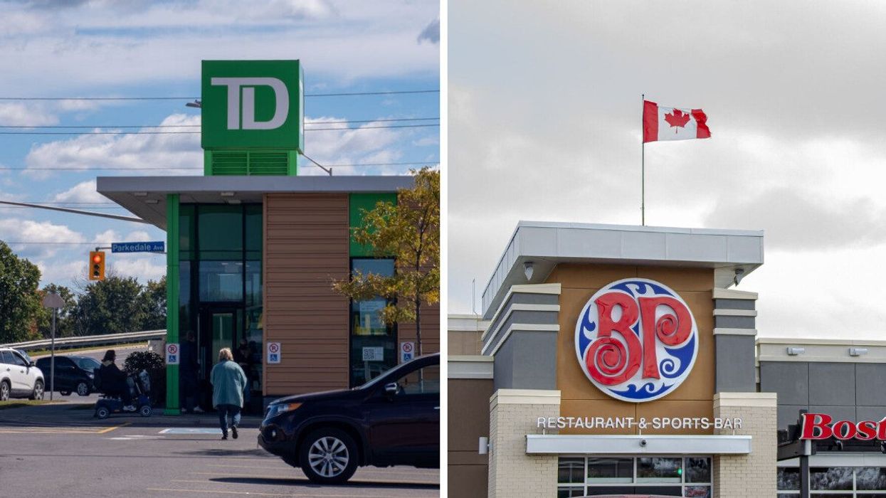 person walking into td bank branch in ontario. right: exterior of boston pizza location in alberta with canadian flag