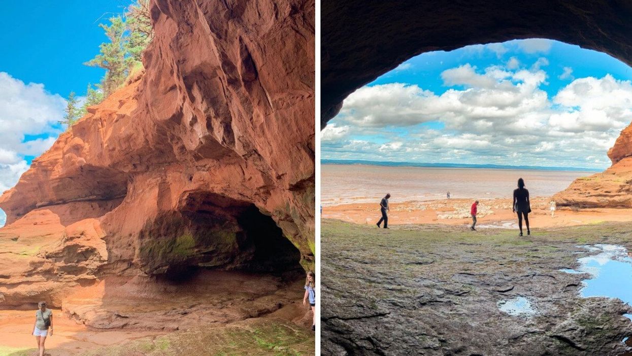 Person walking next to a red stone cliff. Right: People walking through a cave and the ocean in the backdrop.