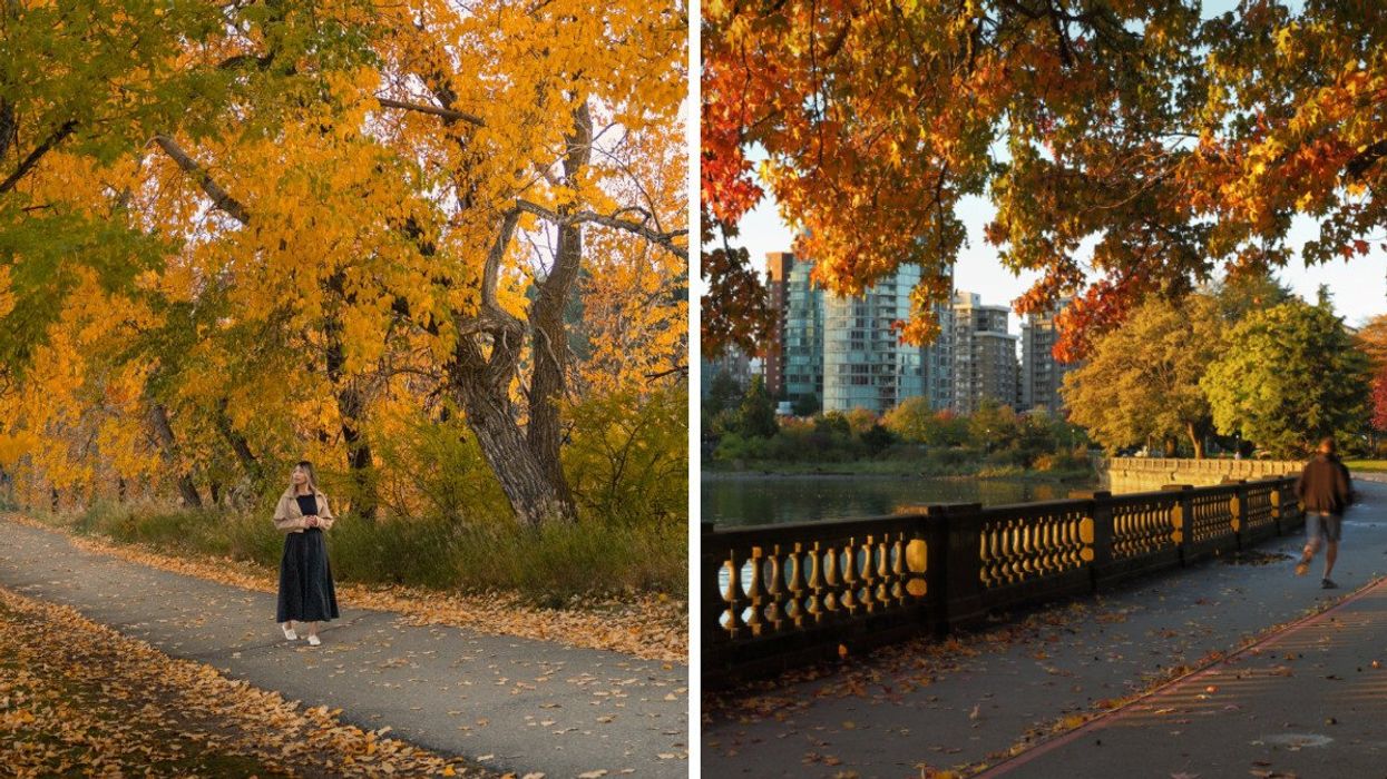 Person walking on a path in the fall. Right: A city in the fall.