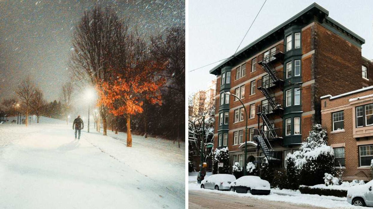person walking on a path in toronto during a snowstorm. right: snow covered cars and trees on a vancouver street