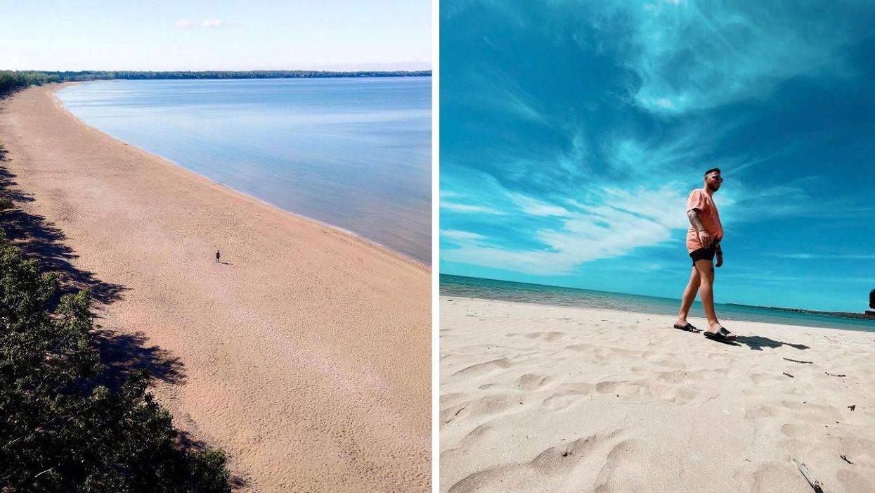 Person walking on a sandy beach. Right: Man standing on a white sand beach.