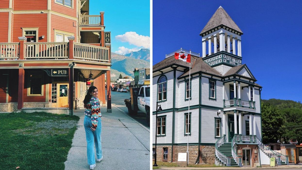 Person walking on a small town street. Right: A heritage bulding.