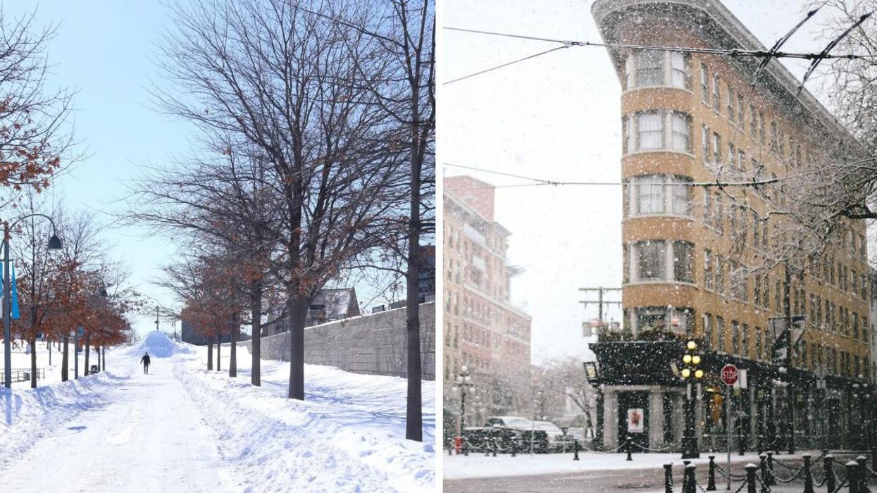 Person walking on a snow-covered path in Montreal. Right: Snow falling in Vancouver.