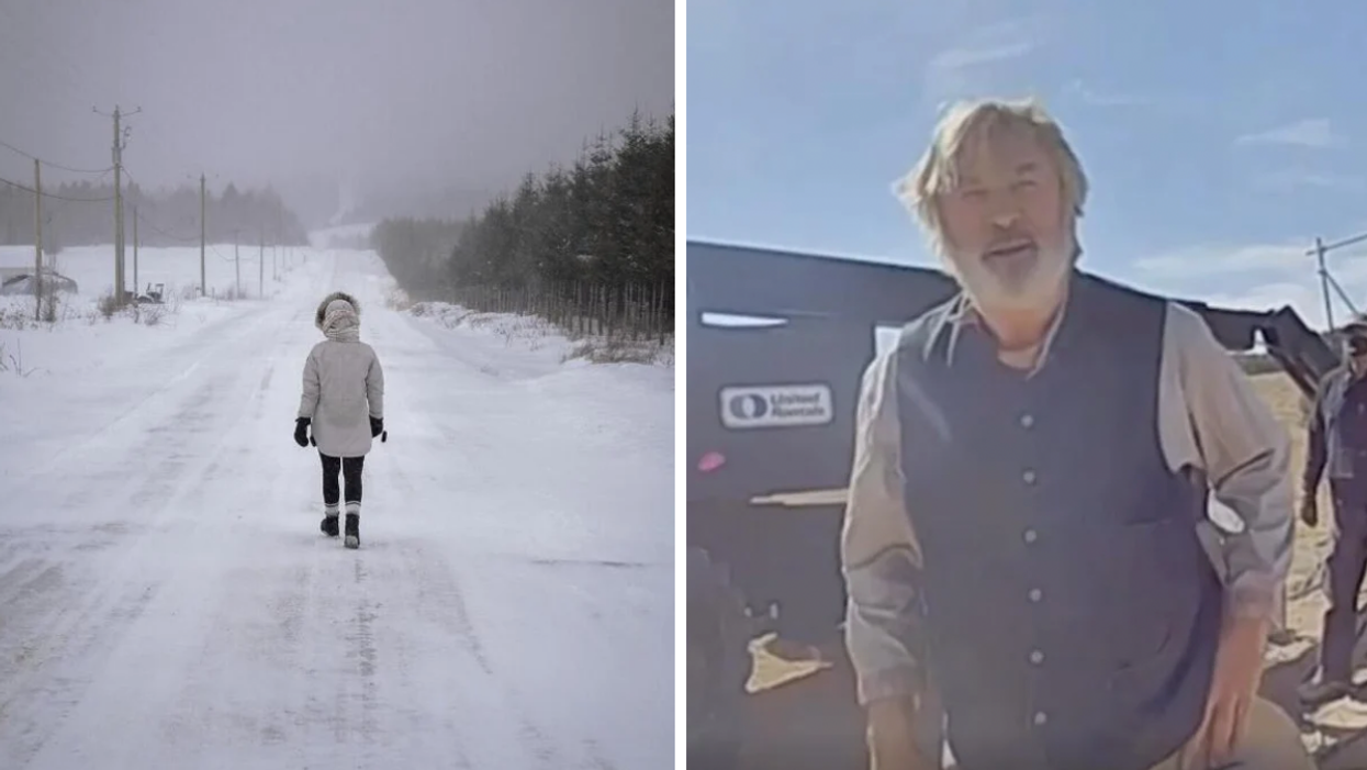 Person walking on a snow-covered street in Quebec. Right: Alec Baldwin after Halyna Hutchins was shot.
