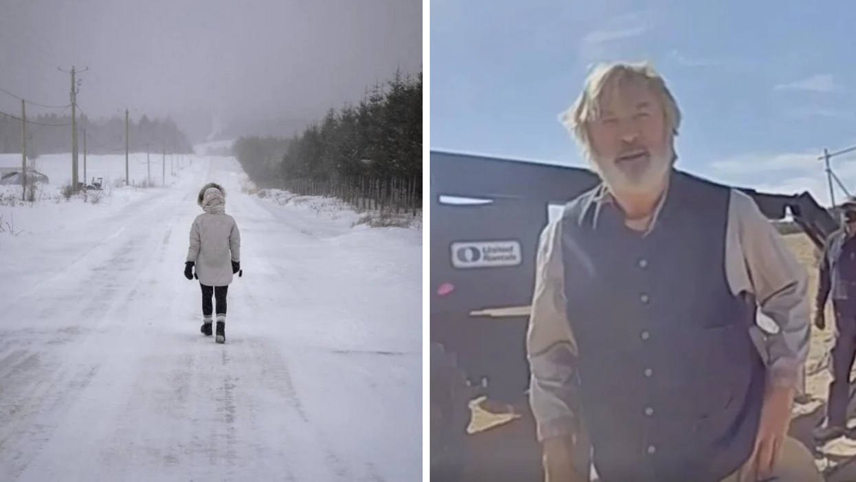 Person walking on a snow-covered street in Quebec. Right: Alec Baldwin after Halyna Hutchins was shot.