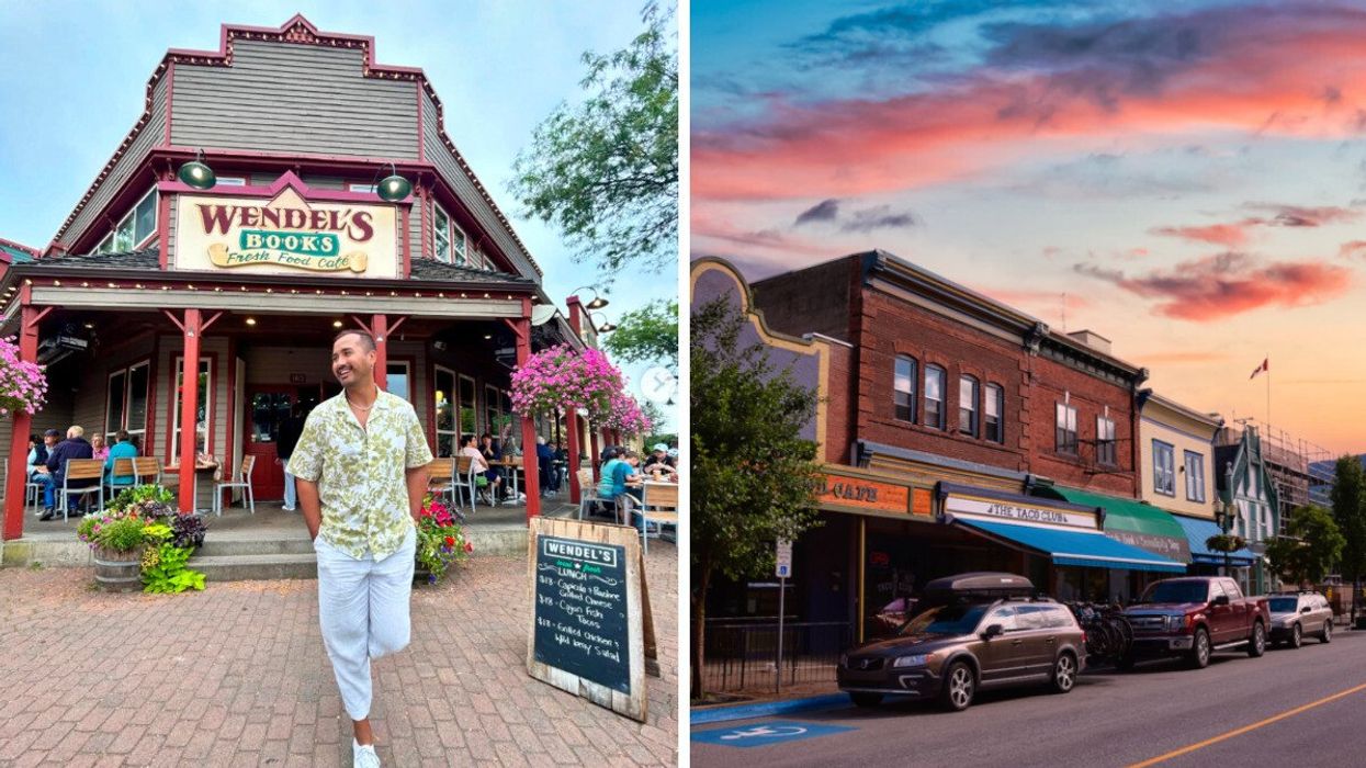 Person walking on a street. Right: A small town street at sunset.