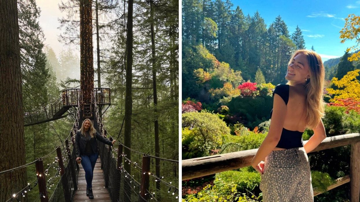 Person walking on a suspension bridge in the forest. Right: Person posing in a garden.