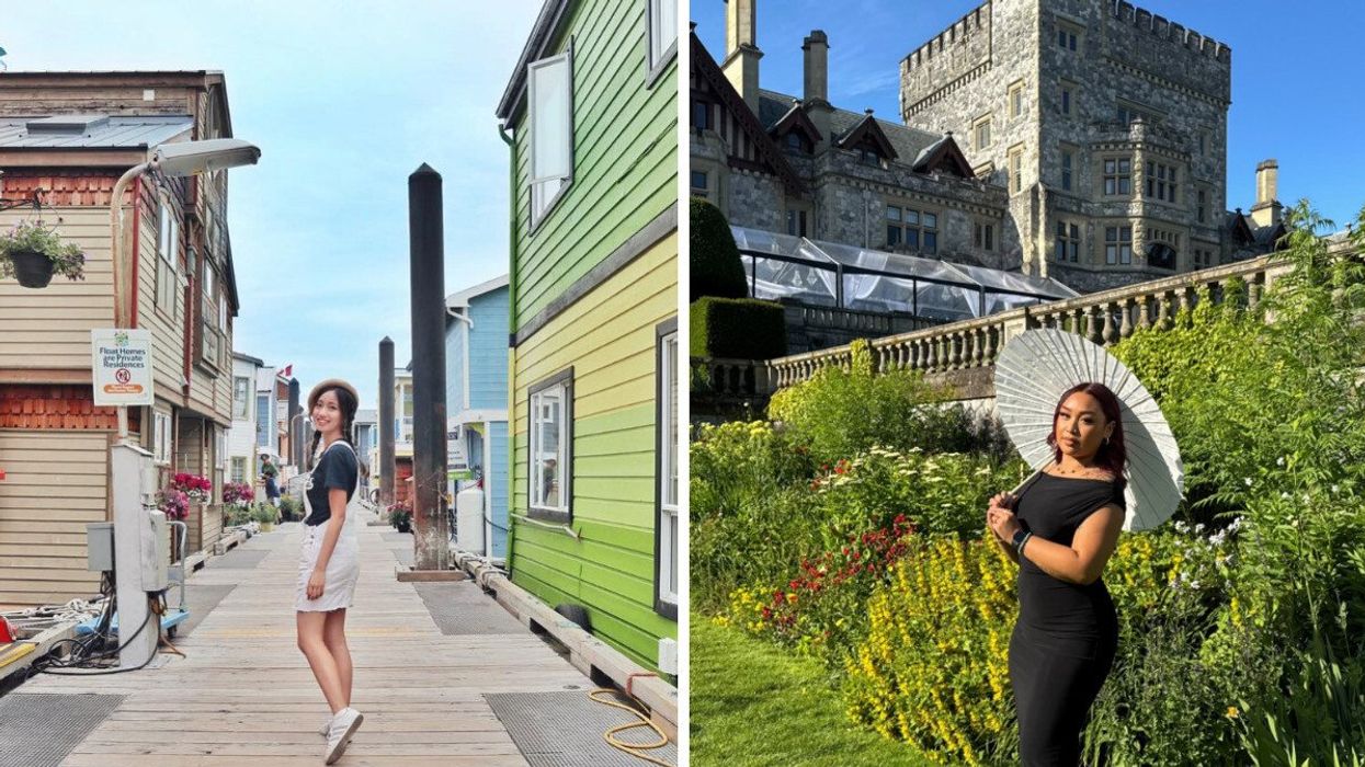 Person walking on a wharf. Right; Someone by a castle.