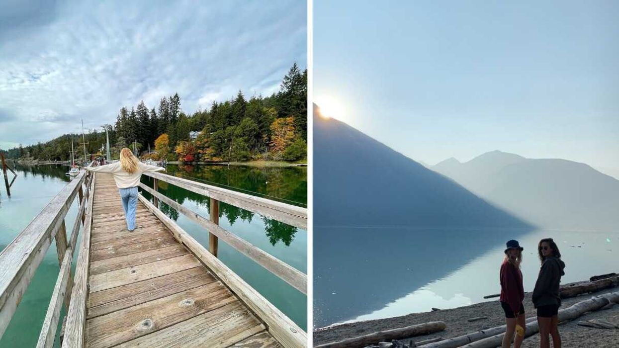 Person walking on dock surrounded by fall foliage. Right: A misty sunset with two girls smiling.