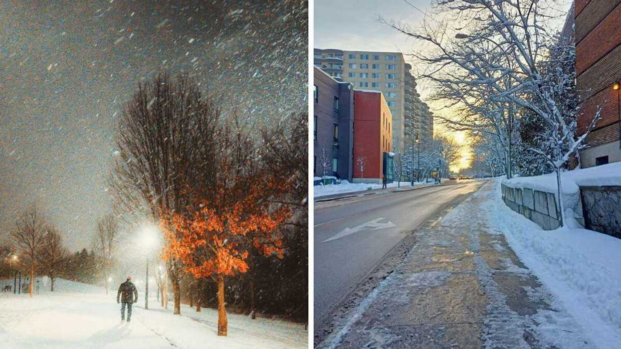person walking on path in toronto next to tree with orange leaves during snowfall. right: montreal street with melting snow on sidewalk