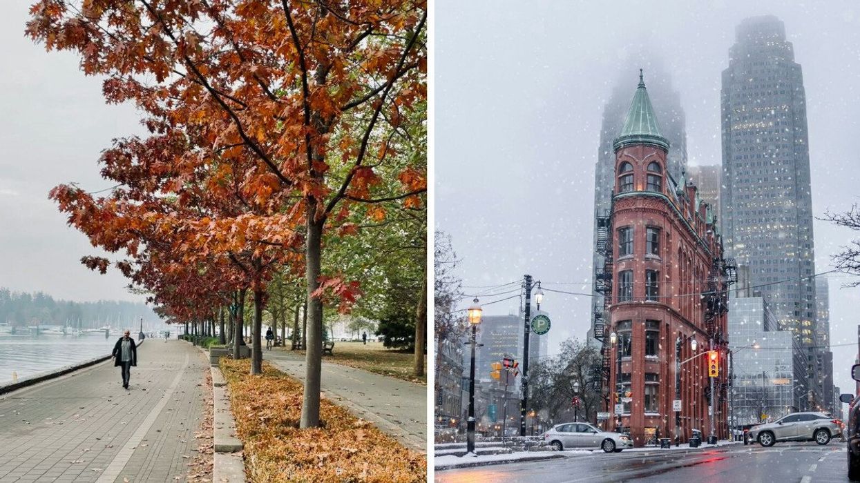 person walking on path next to trees and the water in vancouver. right: buildings in toronto getting covered by snow
