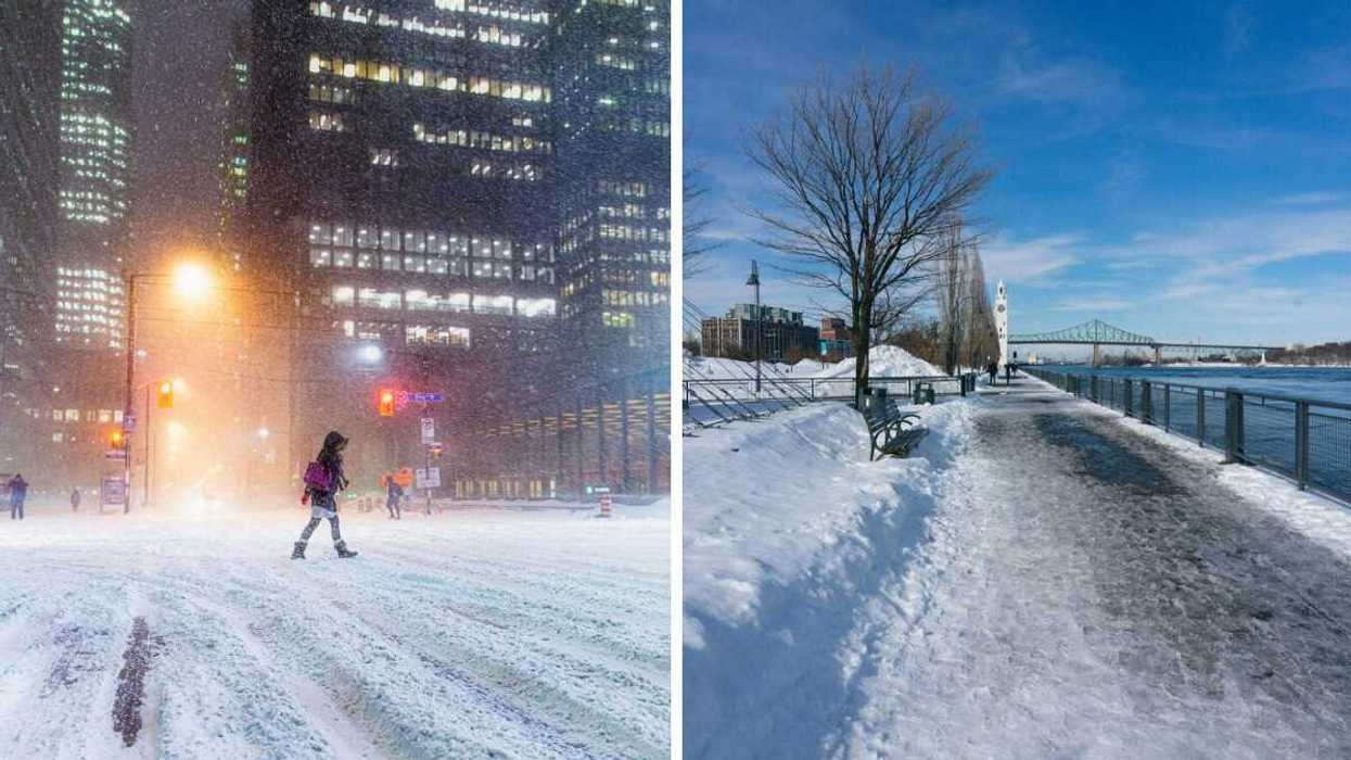 person walking on toronto street during snowstorm. right: snow covered path along waterfront in montreal