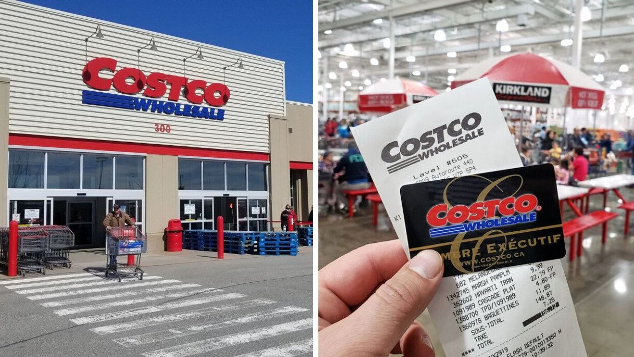 Person walking out of a Costco warehouse. Right: Person holding a Costco receipt and membership card.