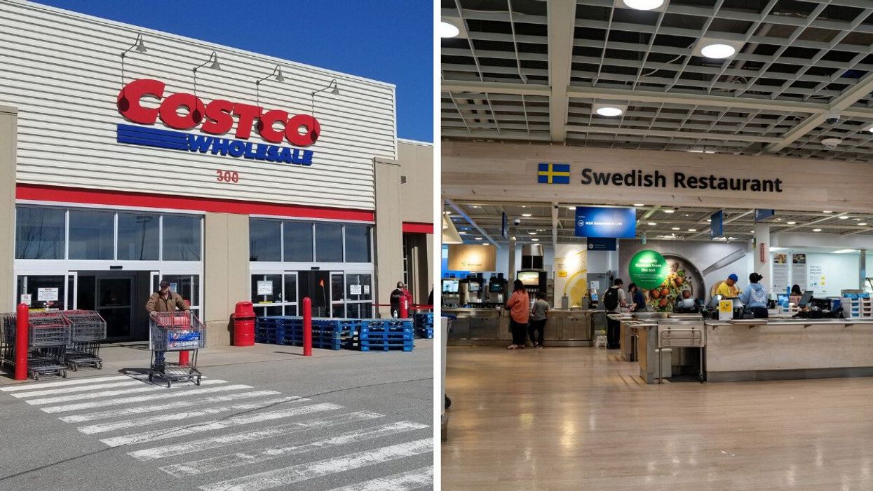 person walking out of costco store in canada with shopping cart. right: entrance to swedish restaurant at ikea store in canada