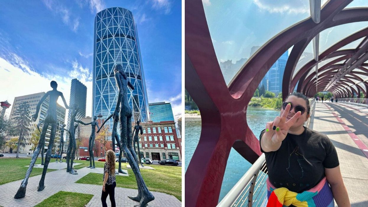 Person walking past statues of people. Right: Person giving a peace sign.